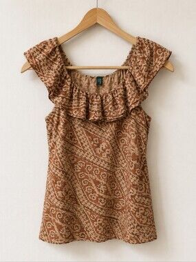 Lauren Ralph Lauren - Tanned Brown Patterned - Cotton Ruffle Shirt